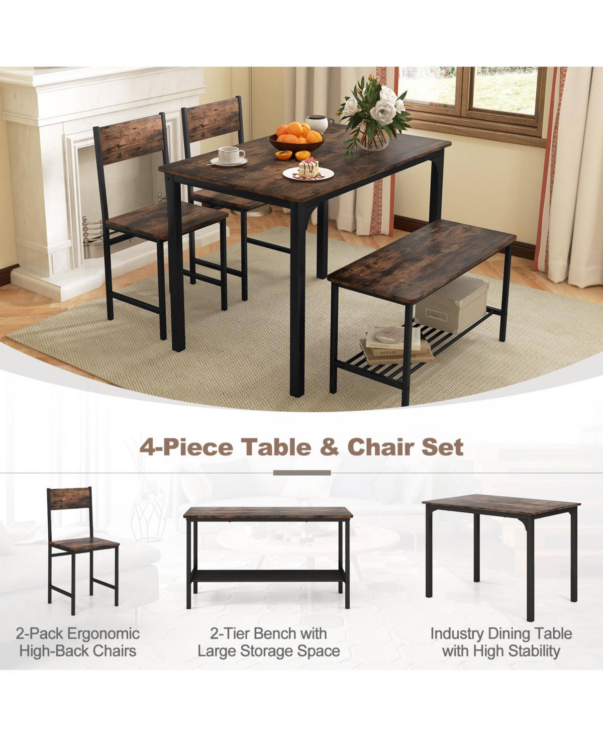 Slickblue 4 Pieces Dining Table Set with 2 Chairs and Bench