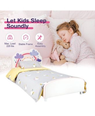 Kids Twin Size Upholstered Platform Wooden Bed with Rainbow Pattern