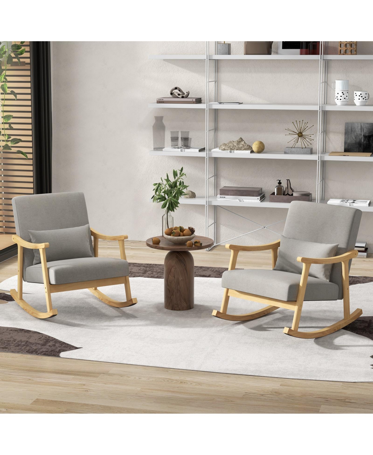 Slickblue Nursery Rocking Accent Chair with Rubber Wood Armrests-Natural - Grey + Natural