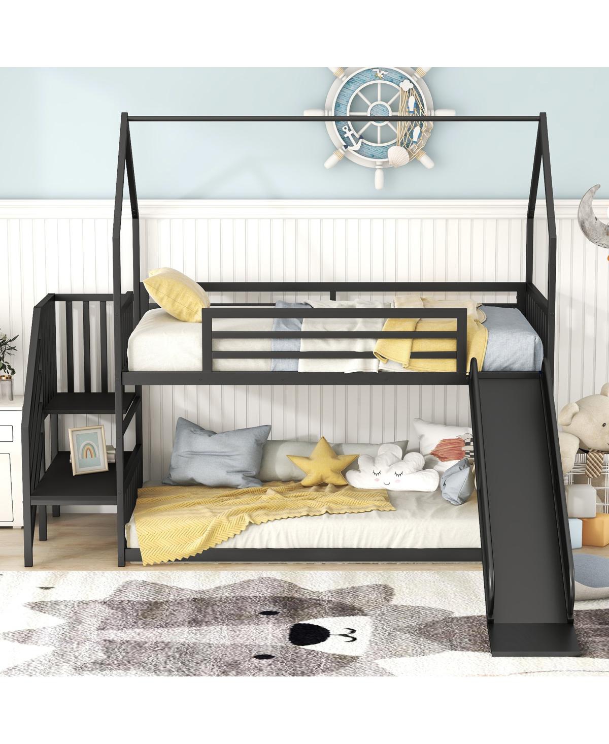 Simplie Fun Twin Metal Bunk Bed House With Slide And Staircase