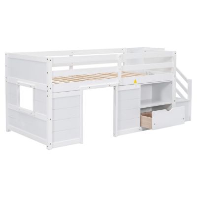 Twin Loft Bed with Stair, Drawer & Shelf