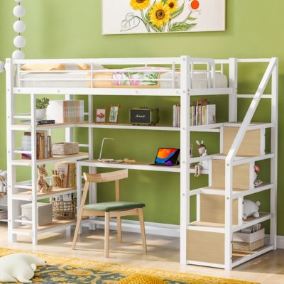 Simplie Fun Twin Size Metal Loft Bed With Staircase, Built-In Desk And Storage Shelves