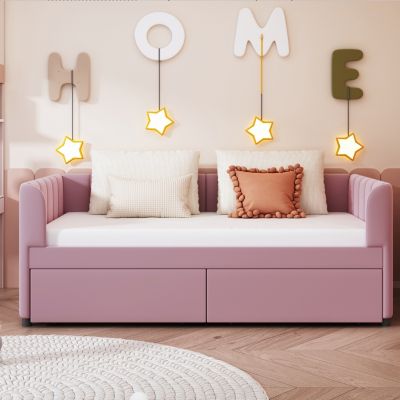 Streamdale Pink Upholstered Daybed with Ergonomic Backrest and Drawers