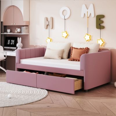 Streamdale Pink Upholstered Daybed with Ergonomic Backrest and Drawers
