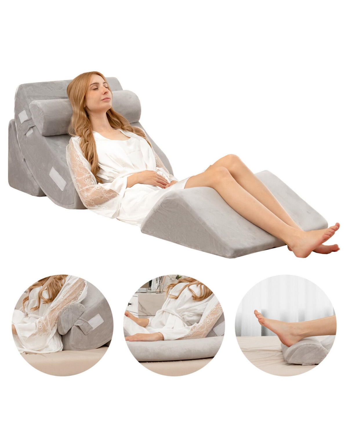 Slickblue 4 Pieces Bed Wedge Pillow for Back Neck and Leg Pain Relief-Gray