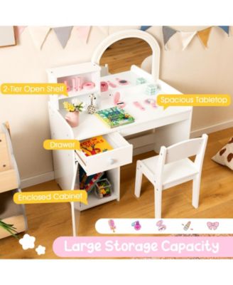 Kids Vanity Table and Chair Set with Shelves Drawer and Cabinet