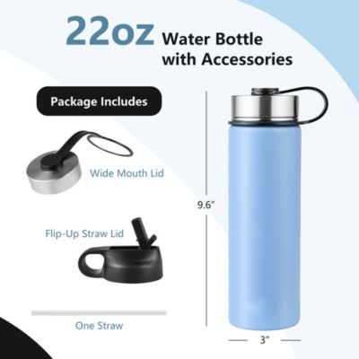 Double-Walled Insulated Stainless Steel Water Bottle with 2 Lids and Straw