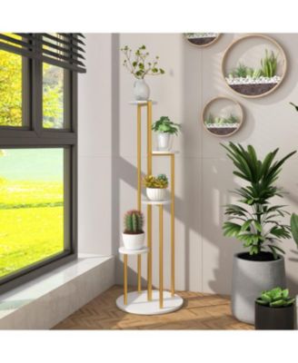 Indoor Metal Plant Stand Corner Plant Shelf for Potted Plant with Golden Metal Frame-White