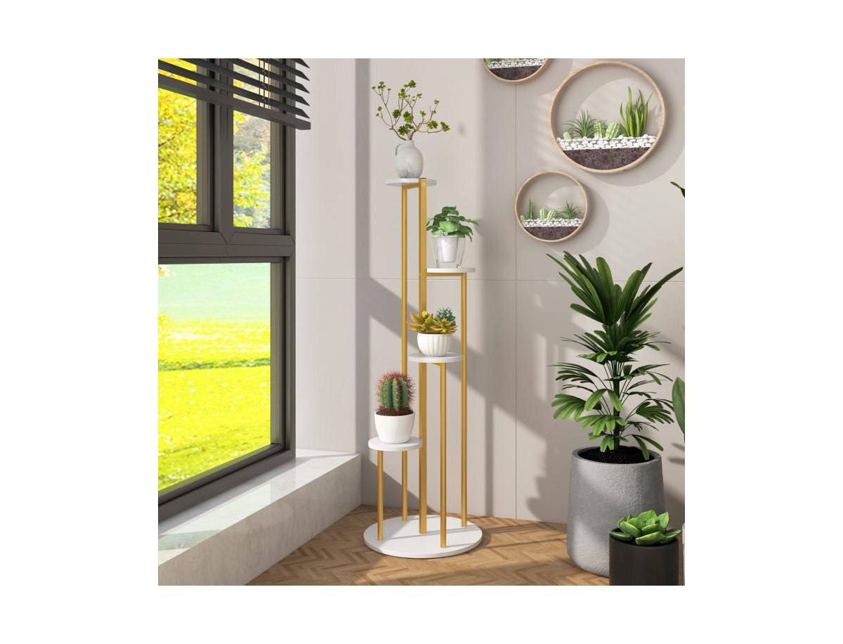 Slickblue Indoor Metal Plant Stand Corner Plant Shelf for Potted Plant with Golden Metal Frame-White