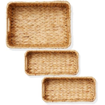 Water Hyacinth Storage Basket Set for Shelves - 1-Large, 2-Small - Woven Storage Bin Organizers with Handles