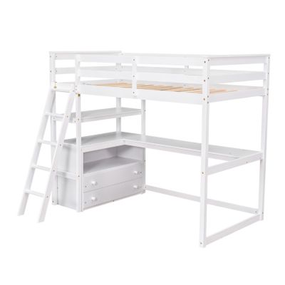 Twin Size Loft Bed With Desk And Shelves, Two Built-In Drawers