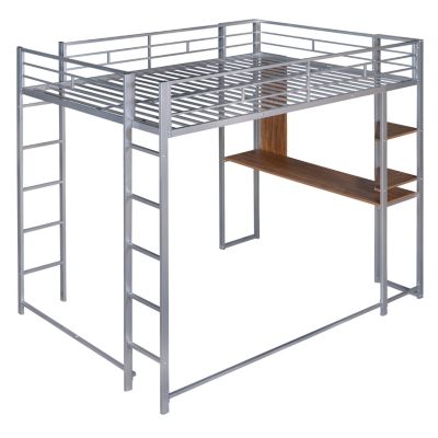 Full Size Metal Loft Bed With 2 Shelves And One Desk