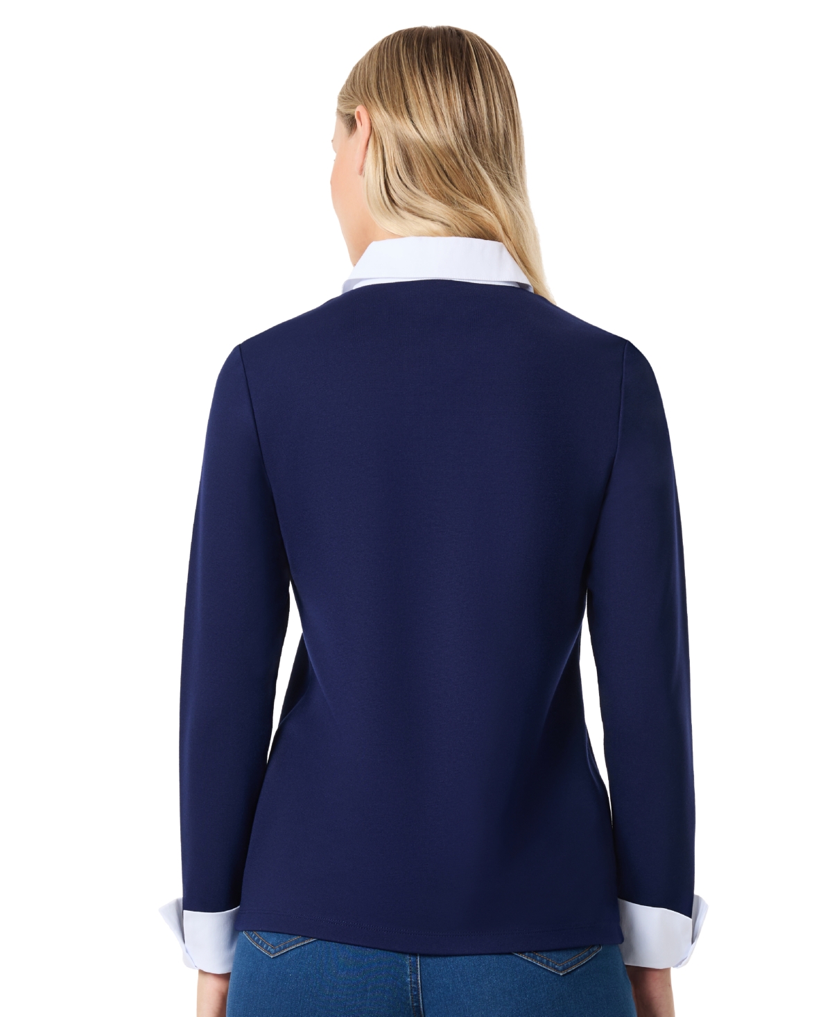 Jones New York Womens Serenity with Cotton Poplin Long Sleeve V-Neck Twofer Top