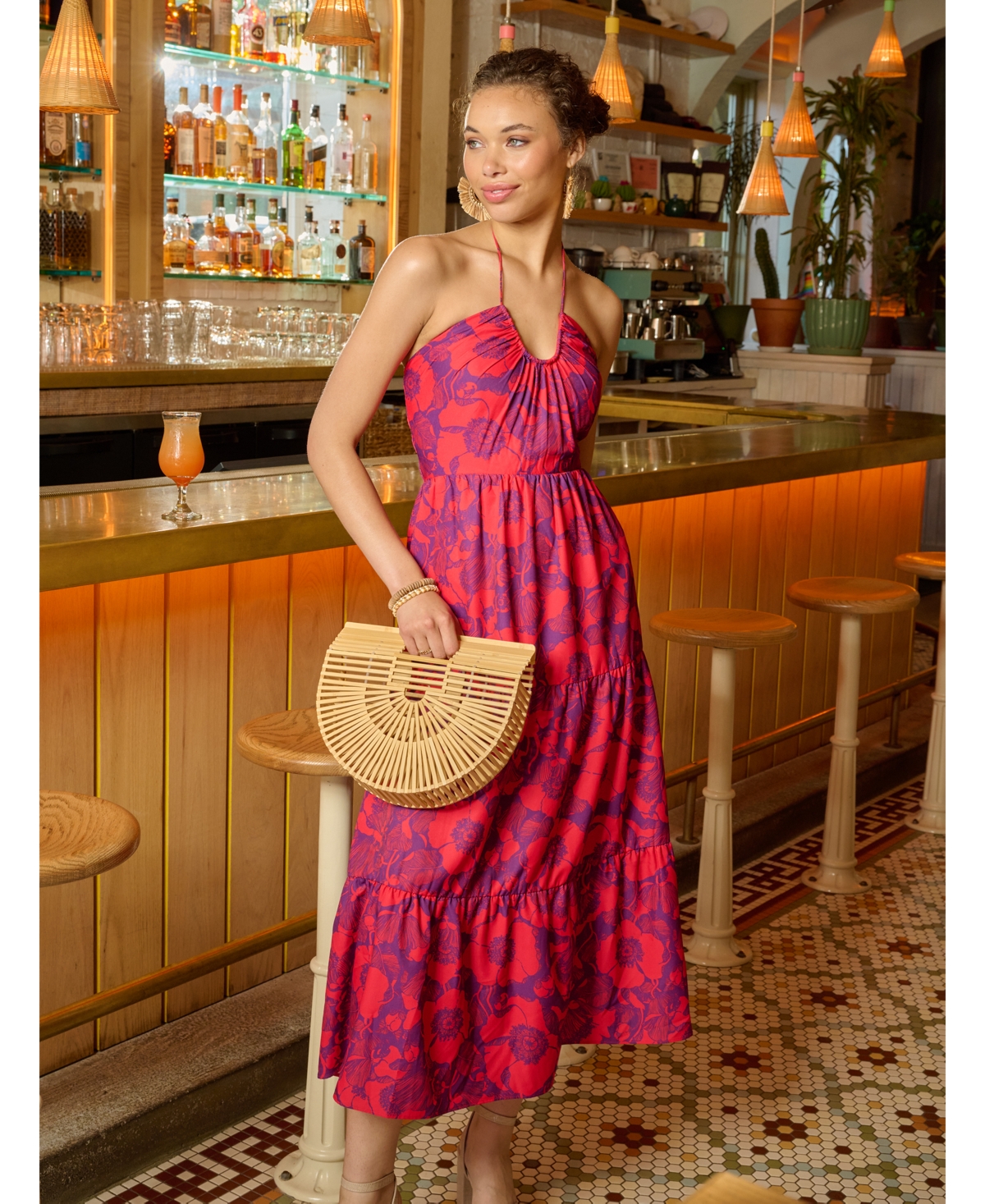 Adrianna by Adrianna Papell Women's Floral Print Halter Sleeveless Midi Dress -Red