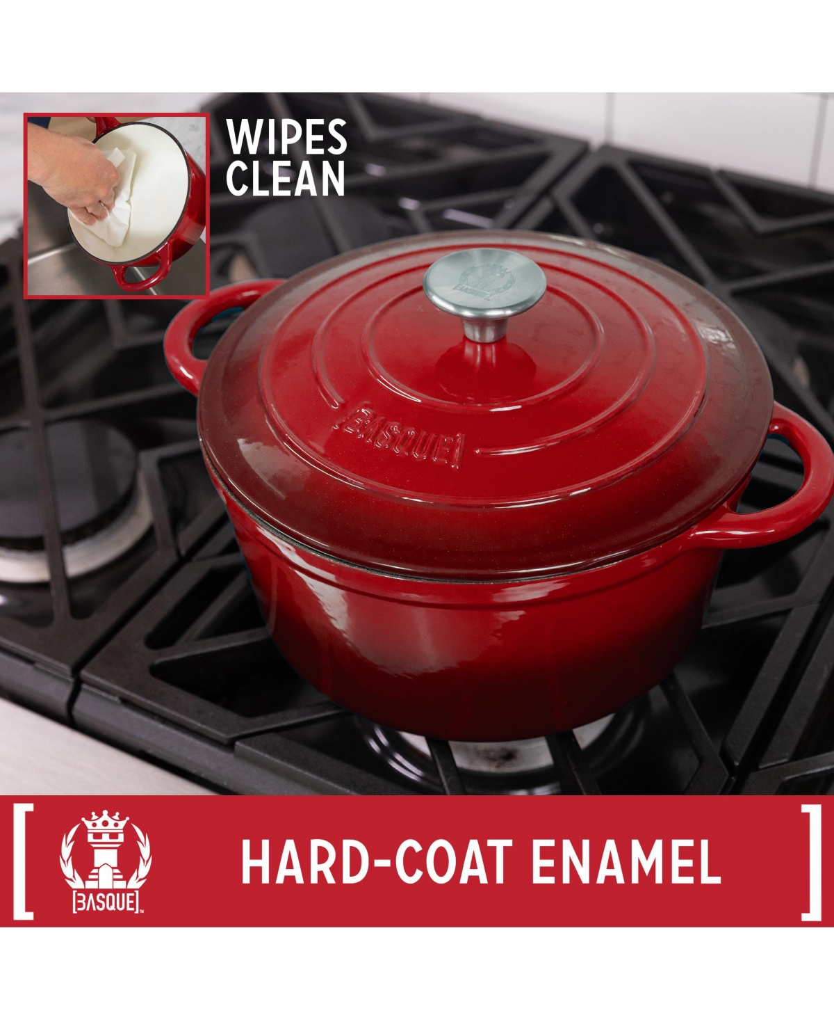 Basque Enameled Cast Iron Cookware Set, 7-Piece Set (Rouge), Nonstick, Oversized Handles, Oven Safe Skillet, Saucepan, Small Dutch Oven, Large Dutch O