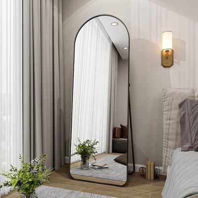 64"x21" Arched Full-Length Mirror with Black Aluminum Alloy Frame, Rounded Corners, Standing, Hanging, Leaning