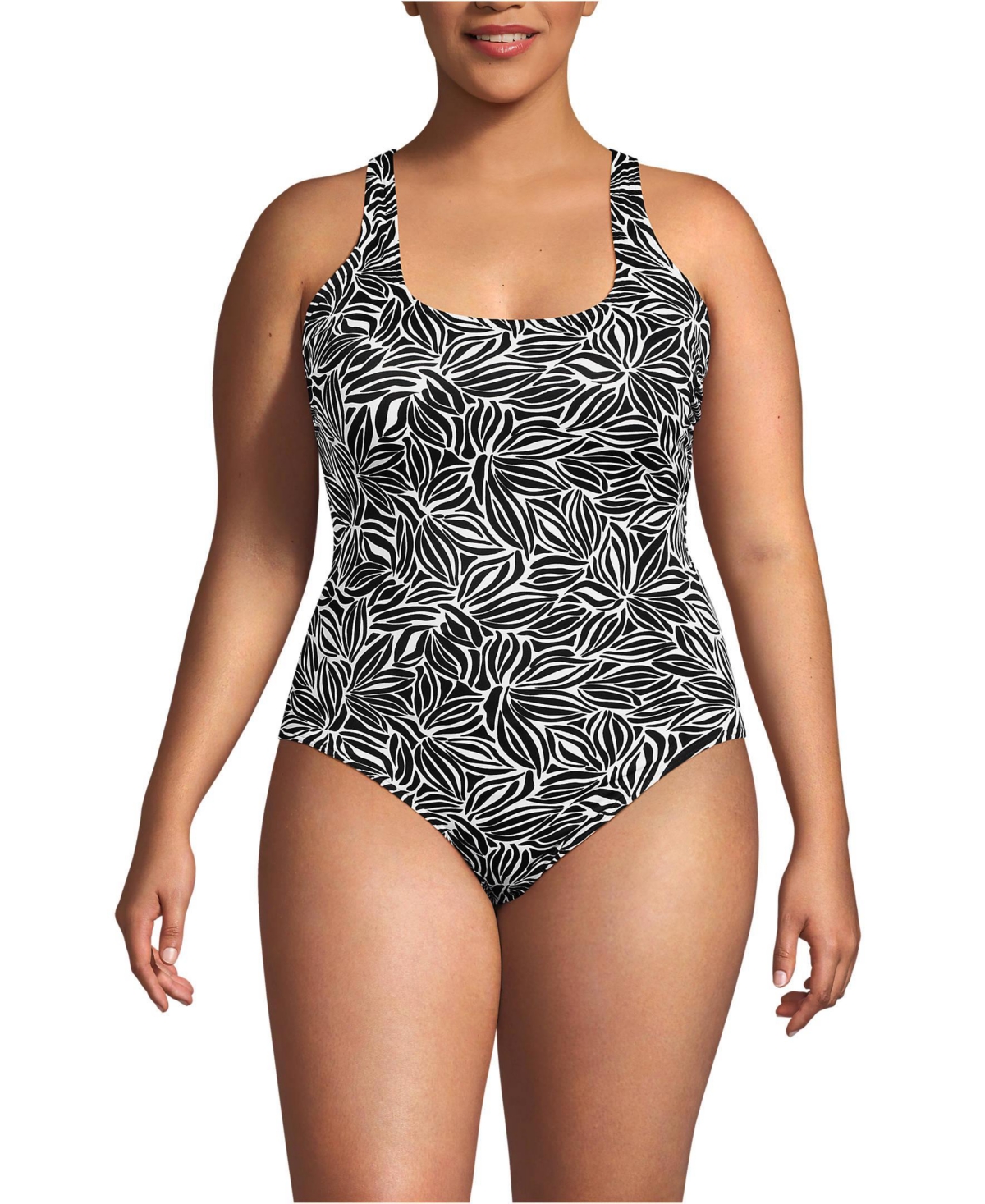Lands' End Plus Size Tugless X-Back One Piece Swimsuit -white abstract floral
