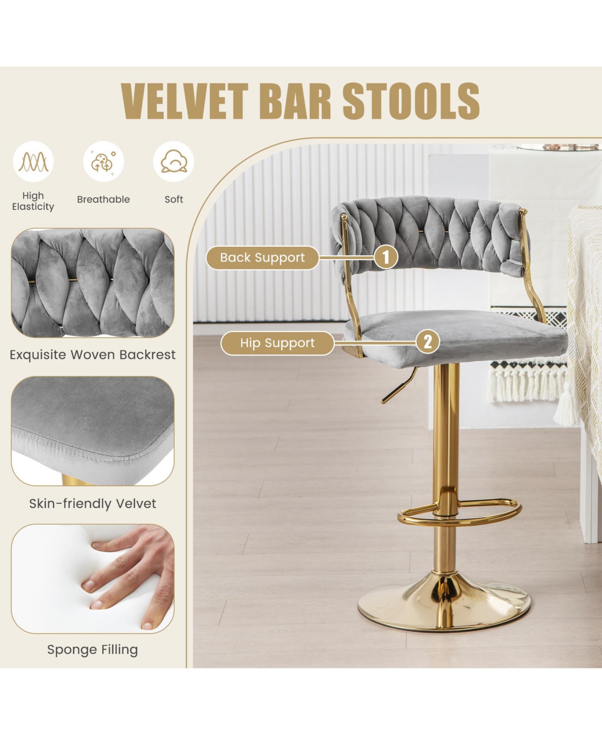 Swivel Barstool with Woven Back Set of 2 for Kitchen Island Cafe