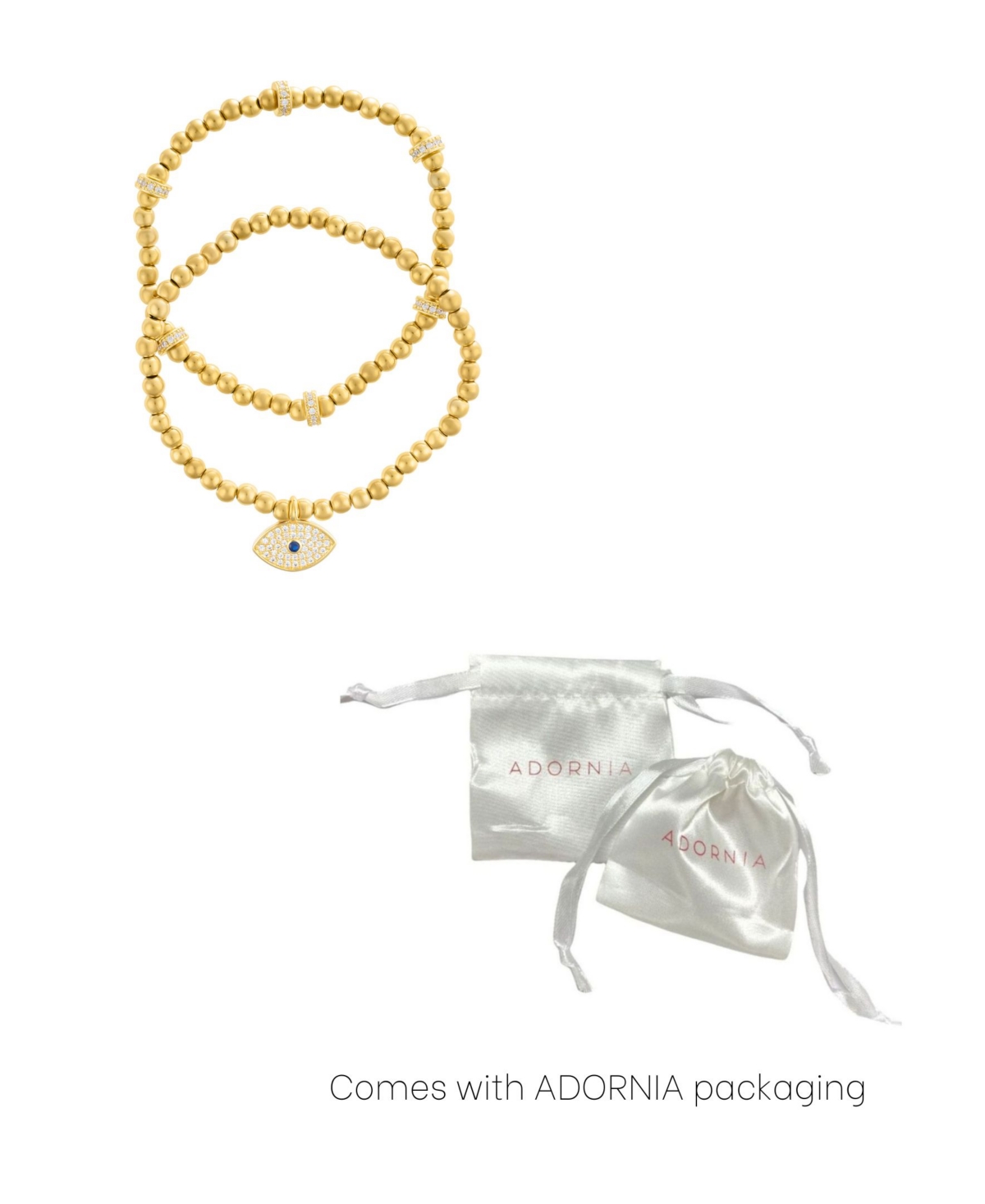 AdorniaPlated Pair of Bead Bracelets with Crystal Evil Eye - Gold