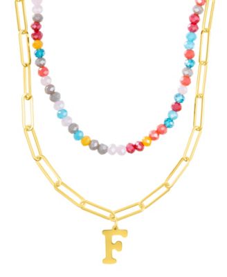 Gold Adjustable Layered Color Faux Stone Beads and Paperclip Chain Initial Necklace