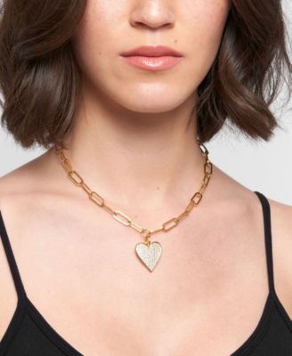 Gold Adjustable Chunky Paperclip Link Pave Heart Necklace