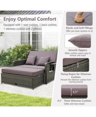 Wicker Loveseat Sofa with Multipurpose Ottoman and Retractable Side Tray