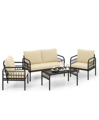 4 Pieces Outdoor Wicker Conversation Bistro Set with Soft Cushions and Tempered Glass Coffee Table