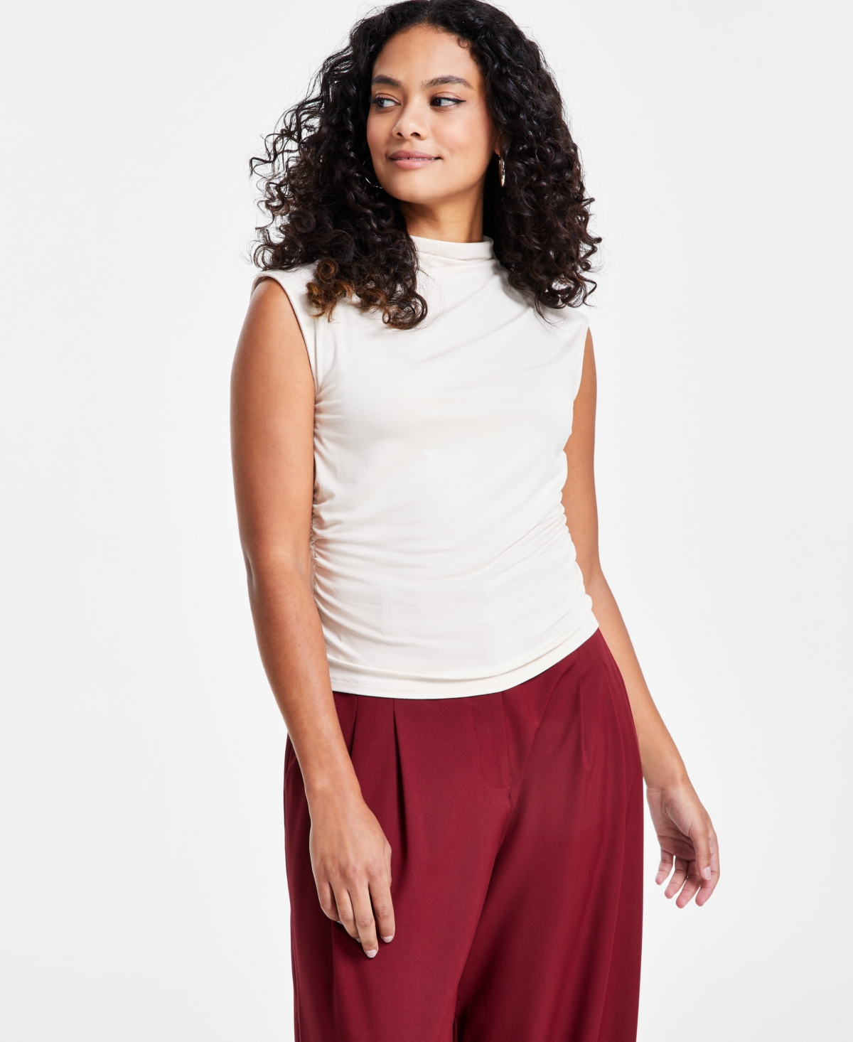 Bar Iii Petite Side-ruched Mock-neck Sleeveless Top, Created For Macy's In Brazilian