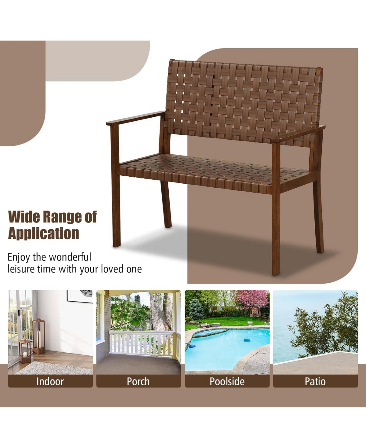 Outdoor All Weather Bench with Solid Rubber Wood Frame and Hand Woven Pu Leather- Brown