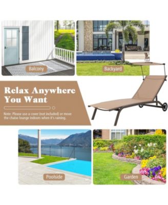 Patio Heavy-Duty Adjustable Chaise Lounge Chair with Canopy Cup holder and Wheels