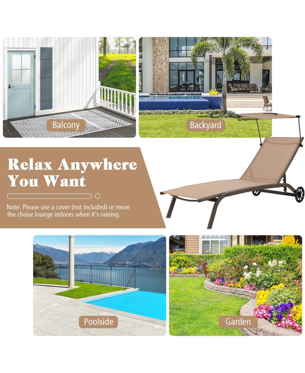 Inolait Patio Heavy-Duty Adjustable Chaise Lounge Chair with Canopy Cup holder and Wheels