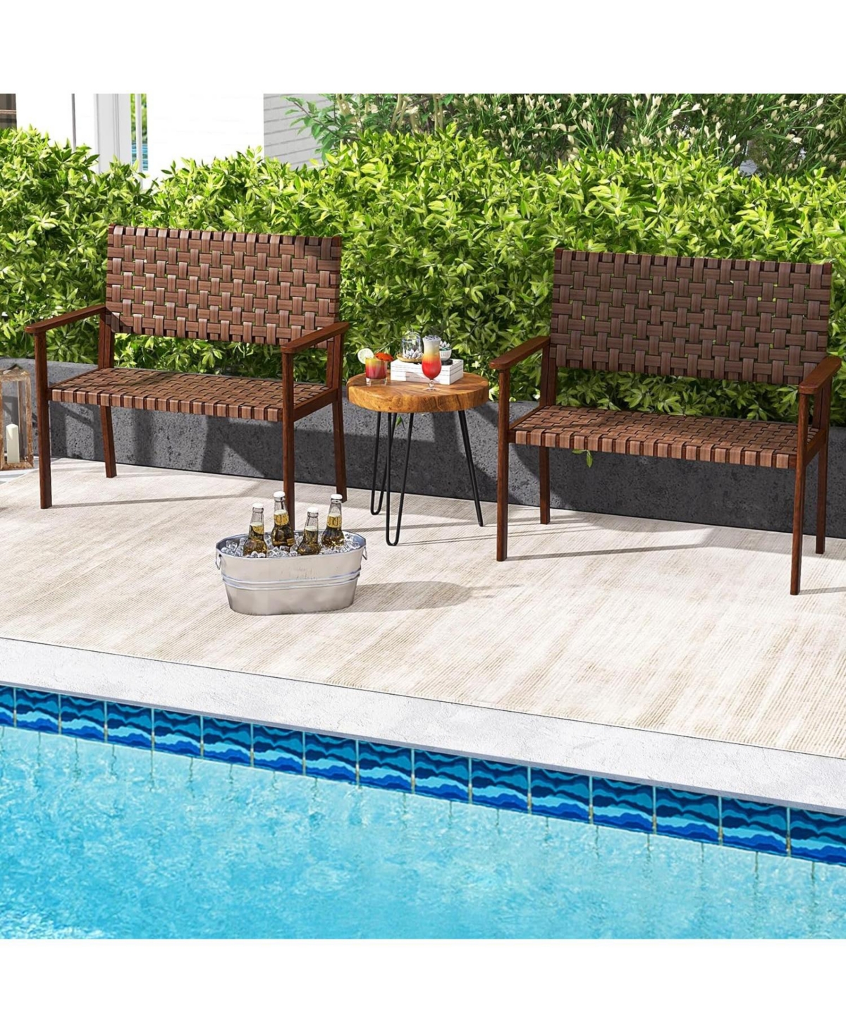 Outdoor All Weather Bench with Solid Rubber Wood Frame and Hand Woven Pu Leather- Brown