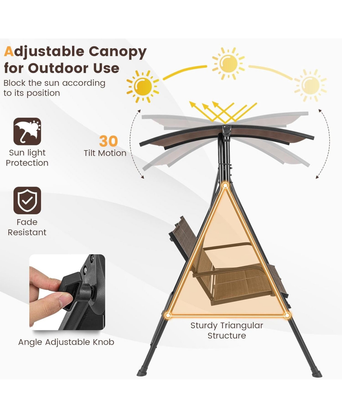 Sugift 2 Person Porch Swing with Adjustable Canopy and Padded Seat