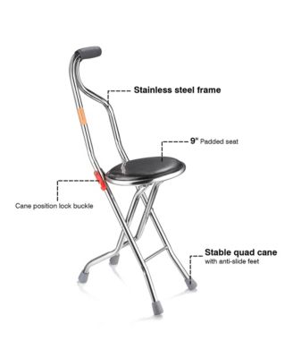 Medical Folding Walking Stick Seat Four Legged Portable Travel Hiking Cane Chair Stool