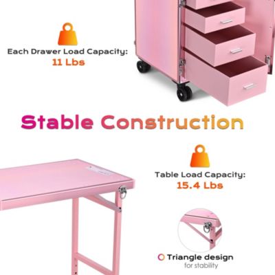 Nail Desk Mobile Station Rolling Makeup Manicure Table Unicorn Pink
