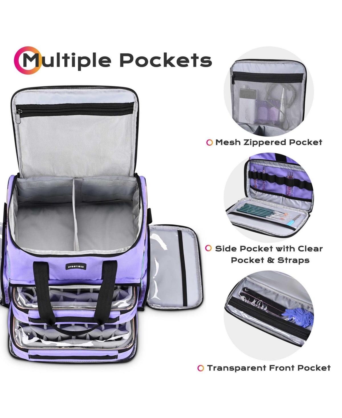Byootique Double Layer Nail Polish Carrying Case Nail Organizer With 2 Removable Transparent Bags For Manicurists Nail Technicians Makeup Artists,Purp
