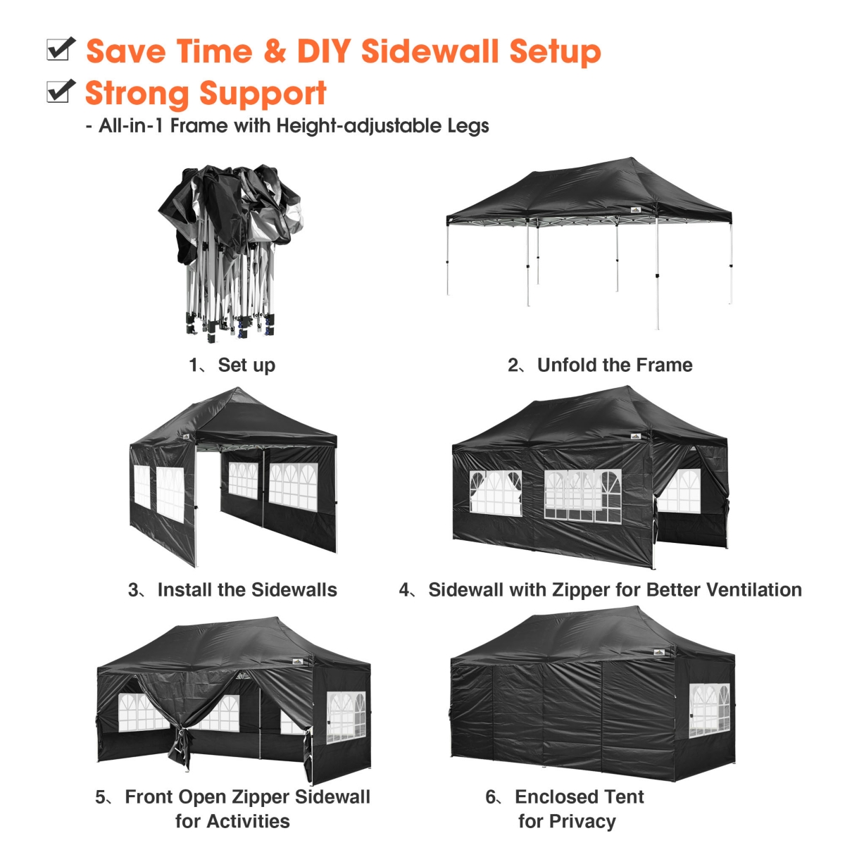 10x20FT Canopy Wedding Party Tent Pop Up Folding Gazebo Outdoor w/ 4 Sidewalls & Bag- Black