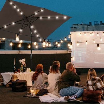 10x6.5FT Brown Rectangle Solar LED Patio Umbrella with Crank Tilt for Outdoor Table, Yard, Deck & Pool Use