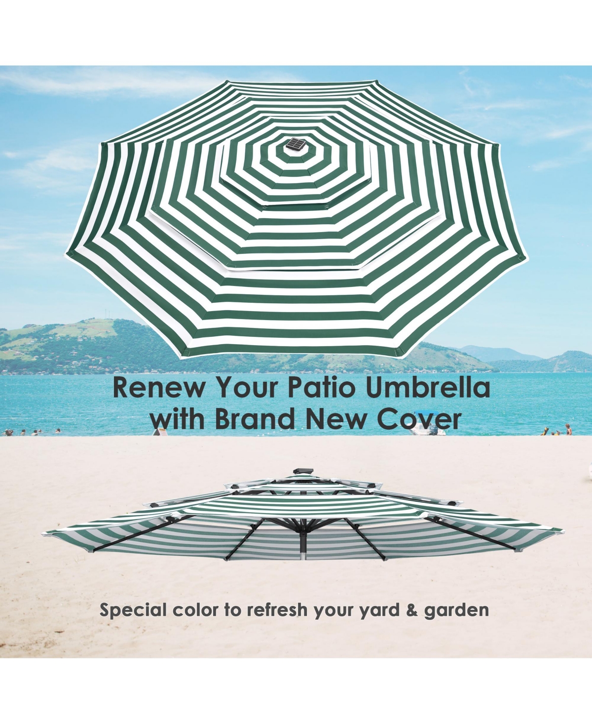 Yescom 3-Tier Patio Umbrella Replacement Canopy Market Table Top Market Pool - Deep green  white stripes
