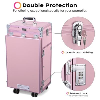 Aluminum Rolling Makeup Train Case with Table Salon Nail Trolley Cosmetic Organizer Black