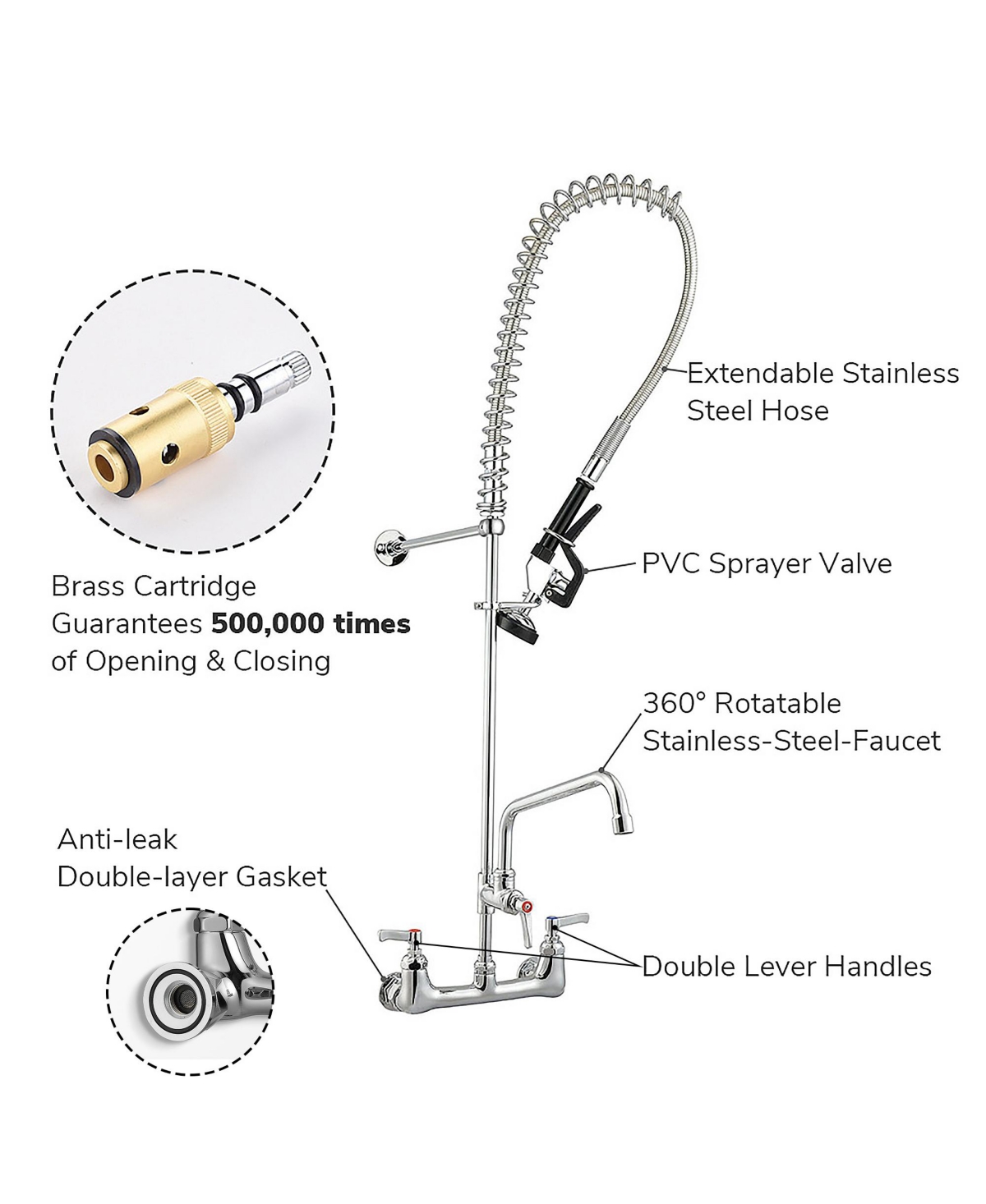 Aquaterior Wall Mount Commercial Faucet w/ Pre-Rinse Pull Down Sprayer 2 Pack