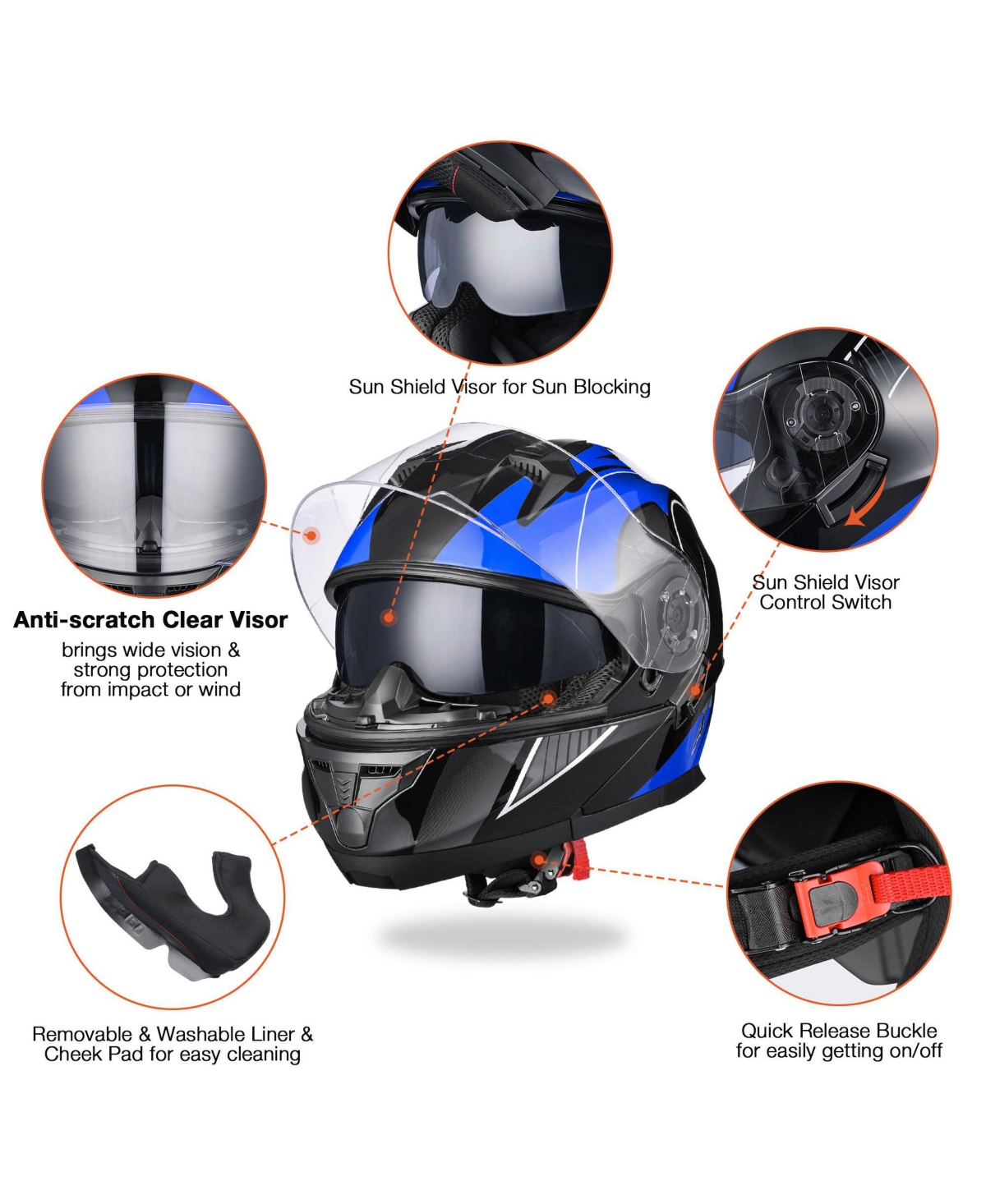 Ahr Run-M3 Modular Flip Up Helmet Full Face Dual Visor Dot Motorcycle Bike L