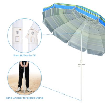7 Ft Striped Outdoor Umbrella UV Protection Sunshade Tilt Sand Anchor