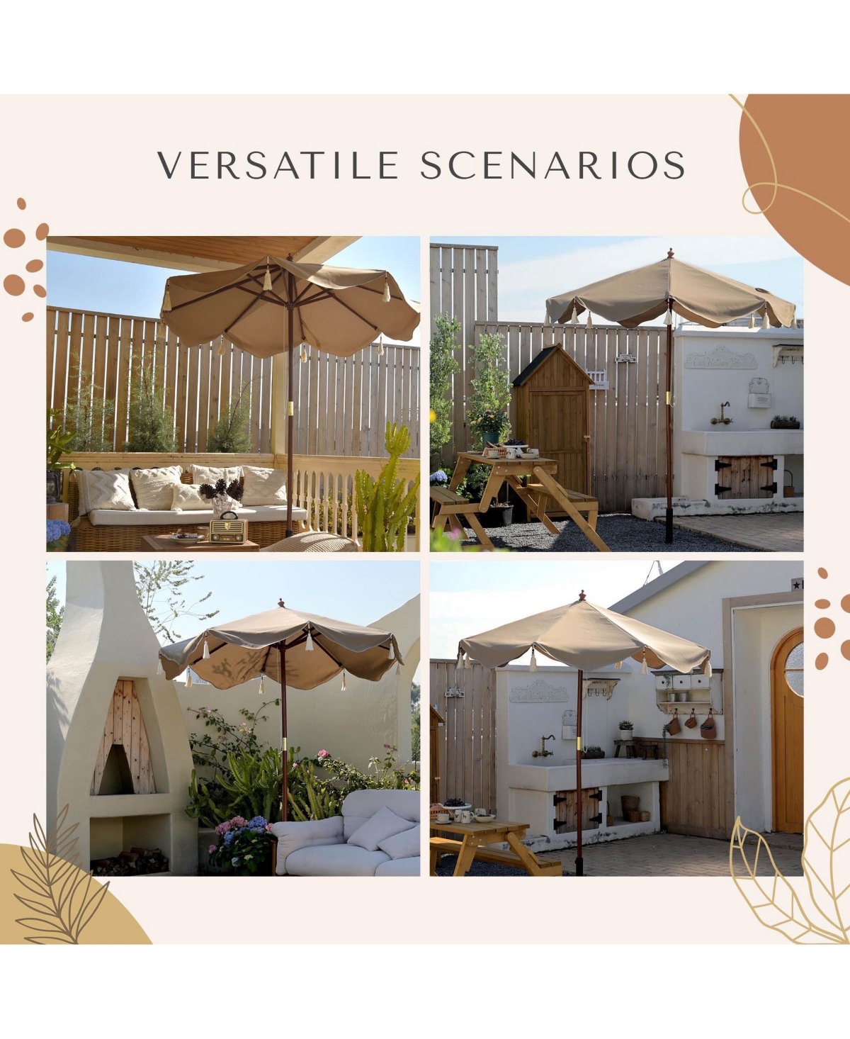 LAGarden 7' Patio Beige Umbrella with Fringe UPF50+ Boho Style 5-Year-Non-Fading for Outdoor,Model: BH7W-01 - Khaki with fringe