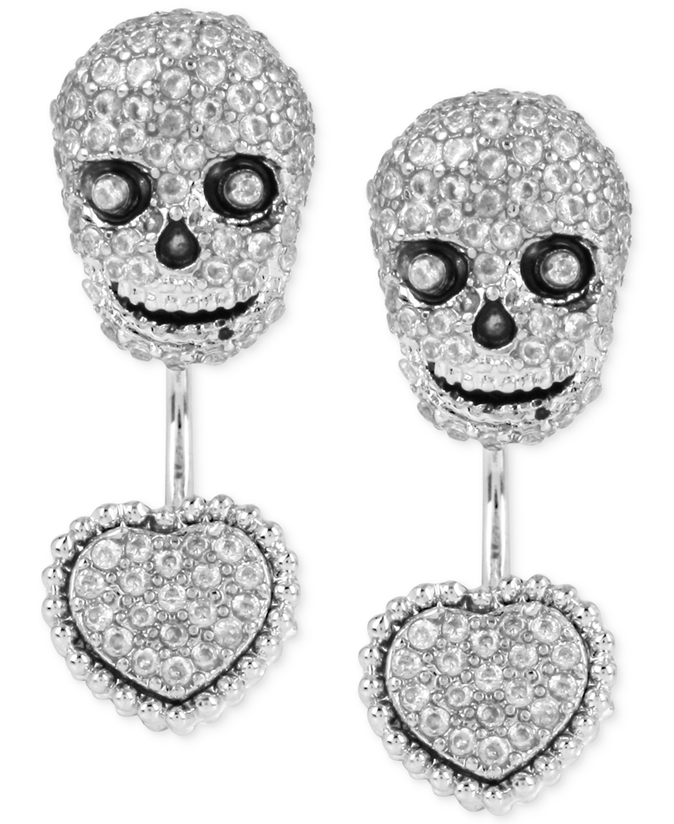 Betsey Johnson Silver Tone Pavé Skull and Heart Front to Back