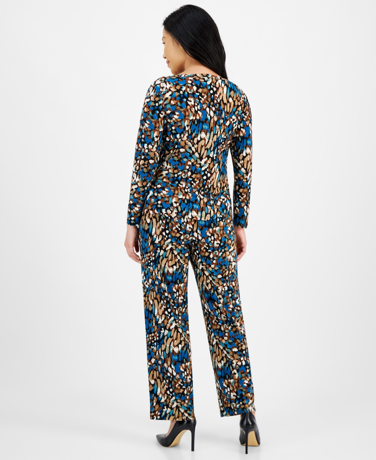 Ak Anne Klein Petite Printed Long-Sleeve Rivet Top