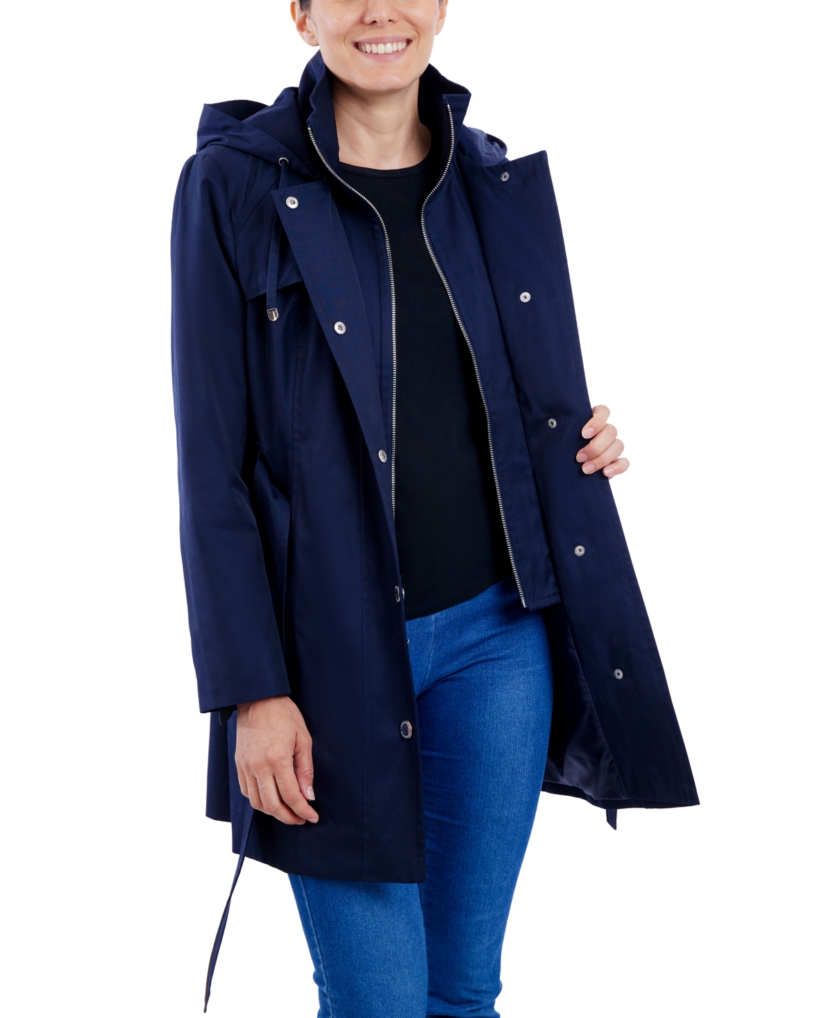 London Fog Women's Hooded Belted Zip-Front Raincoat