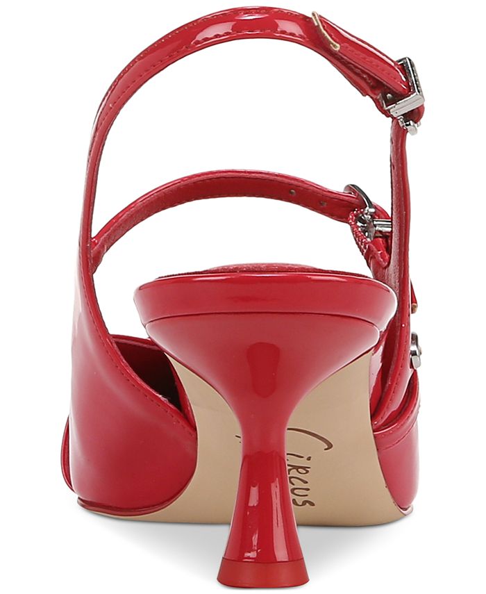 Women's Cherry Red Slingback Pumps - Pointed Toe, Buckle Strap, 1.75" Kitten Heel, Cushioned Insole