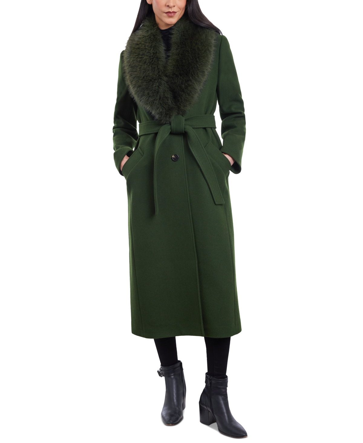 Michael Kors Michael  Women's Faux-fur-collar Belted Coat In Jade