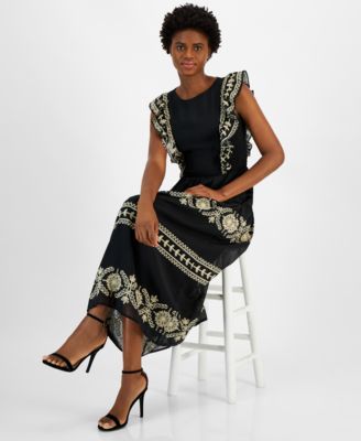 Anne Klein Women's Embroidered Ruffled Sleeveless Dress - Macy's